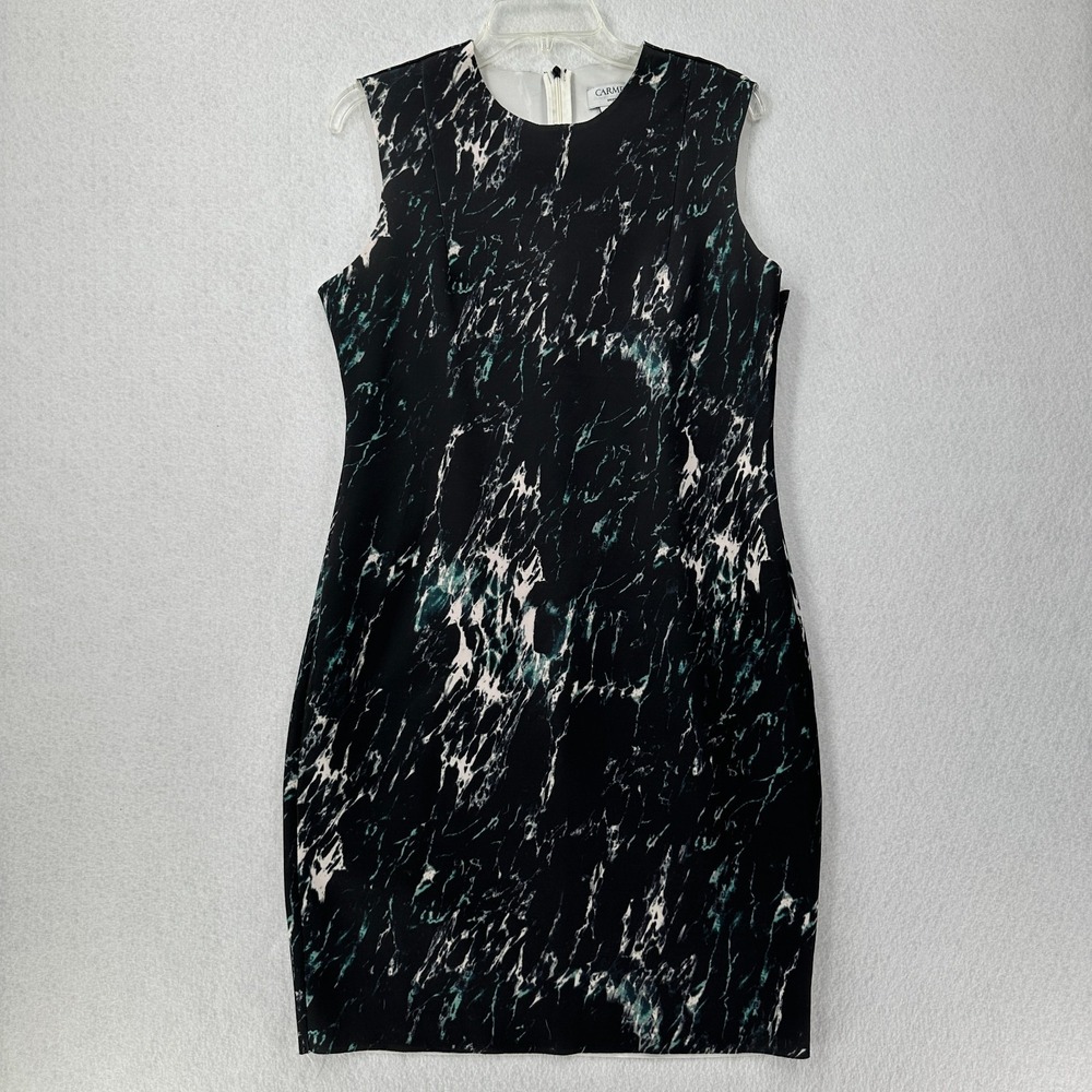 Carmen Marc Valvo Black White Turquoise Abstract Sleeveless Bodycon Dress Size L